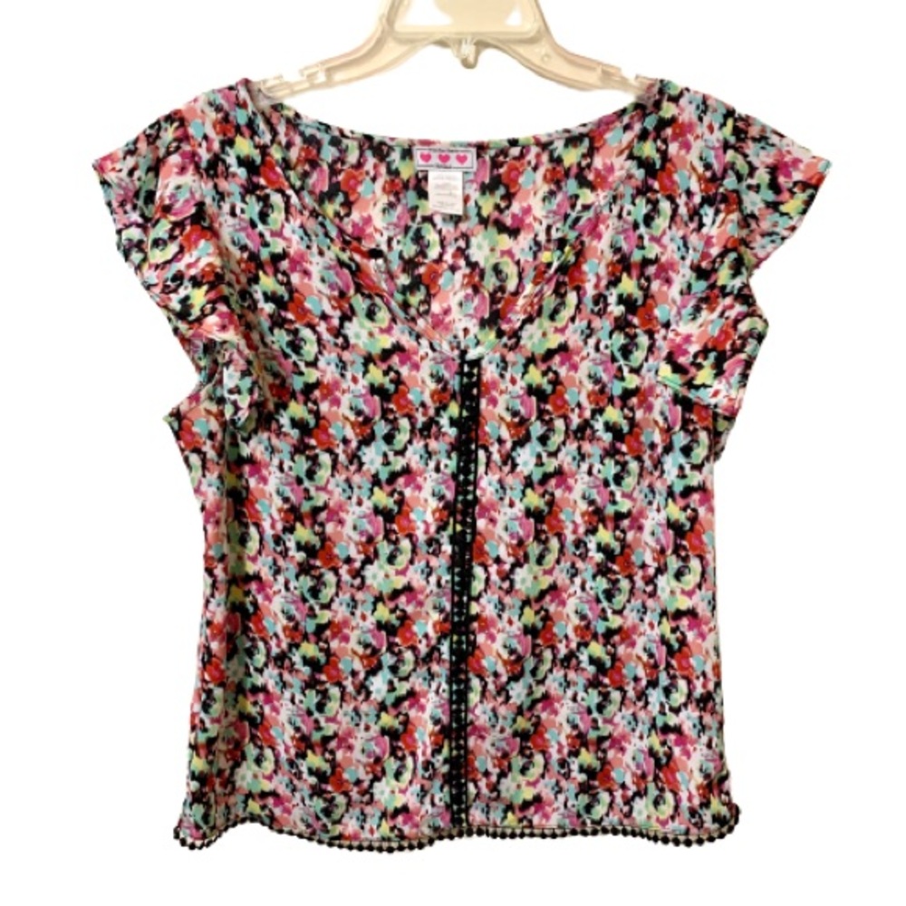 Trixxi Three Pink Hearts Colorful Blouse - Size Medium